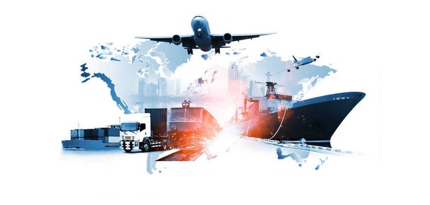 Světová logistika, existují mapy světa s logistickou sítí distribuce na pozadí a Logistika průmyslová kontejnerová nákladní loď pro koncepci rychlé nebo okamžité dopravy - Fotografie, Obrázek