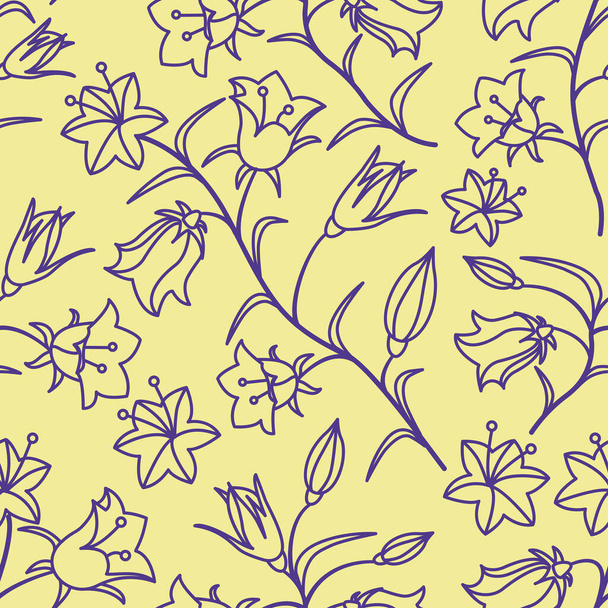 Een naadloos patroon met de kleuren van klokken. Donkere mauve contour op een gele achtergrond. Vectorillustratie - Vector, afbeelding