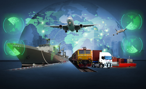 Światowej logistyki, istnieje mapa świata z dystrybucji sieci logistycznej na tle i logistyki przemysłowej kontenerowca frachtowiec dla koncepcji szybkiej lub natychmiastowej wysyłki - Zdjęcie, obraz