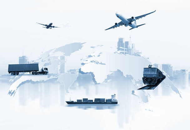Dünya lojistiğinin soyut görüntüsü, dünya haritası arka planı ve konteyner kamyonu, limanda ve uçakta gemi var. - Fotoğraf, Görsel