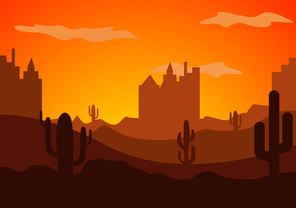 Pouštní krajina s kaktusy, kopci a siluetami hor. Návrh vodorovného pozadí vektorové přírody - Vektor, obrázek