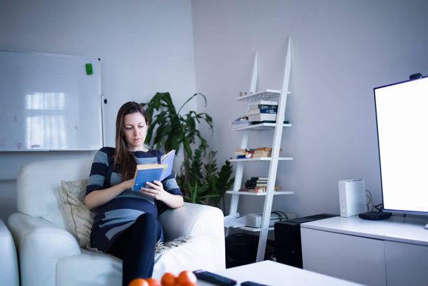 Νεαρή έγκυος γυναίκα διαβάζει ένα βιβλίο στο άνετο διαμέρισμά της - Φωτογραφία, εικόνα