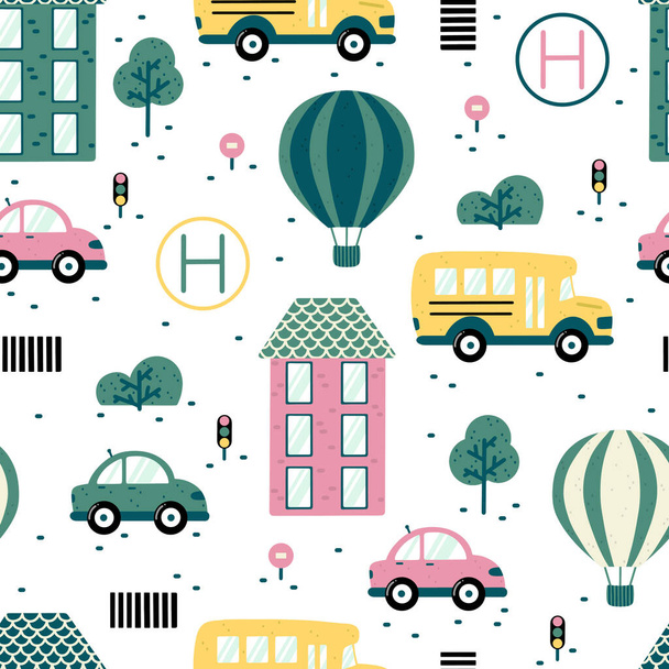 City scene seamless pattern with hot air balloon, school bus, helicopter pad, car, traffic lights, crosswalk, house, trees and abstract elements. Hand drawn Scandinavian style vector illustration. - Vettoriali, immagini