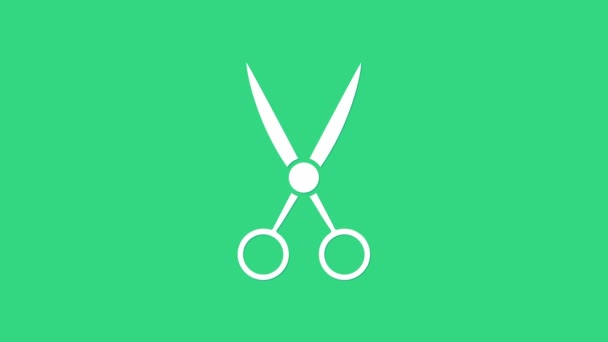 Значок парикмахера "Белые ножницы" выделен на зеленом фоне. Парикмахерская, модный салон и вывеска. Символ парикмахерской. Видеографическая анимация 4K - Кадры, видео