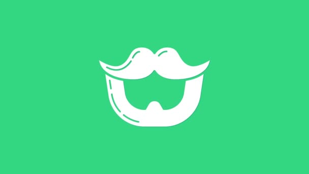 Witte snor en baard pictogram geïsoleerd op groene achtergrond. Barbershop symbool. Gezichtshaar stijl. 4K Video motion grafische animatie - Video