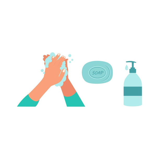 Πλύσιμο χεριών. Ένα μπουκάλι υγρό αντιβακτηριδιακό σαπούνι με ένα δοχείο και ένα κομμάτι σαπούνι. Ενυδατικό απολυμαντικό. Η έννοια της απολύμανσης, της υγιεινής, της φροντίδας του δέρματος. Εικονογράφηση διάνυσμα σε επίπεδο στυλ - Διάνυσμα, εικόνα