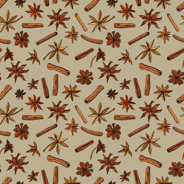 Seamless pattern from spice cinnamon and anise stars. Hand-drawn illustration. - Vector, Image