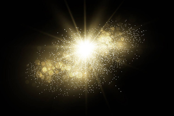 Shining golden stars isolated on black background. Effects, glare, lines, glitter, explosion, golden light. Vector illustration - Vector, Image