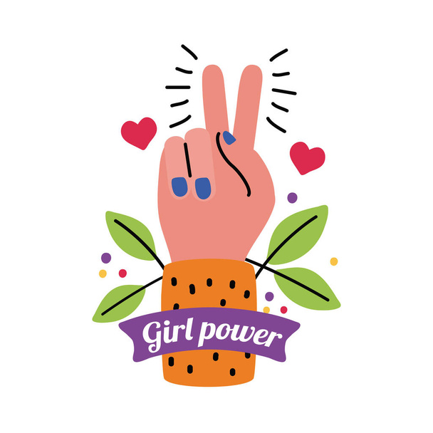 Chica poder amor y paz mano con hojas y corazones vector de diseño - Vector, Imagen
