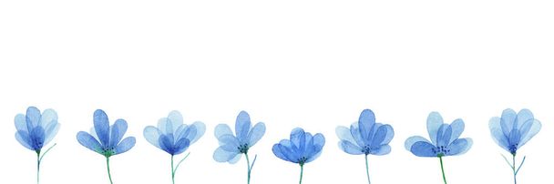 Okraj s jemnými modrými květy. Botanický design pozadí. Izolované na bílém pozadí. Obrázek barvy akvarelu - Fotografie, Obrázek