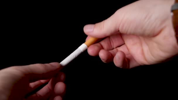 Biała ręka łamie papierosa na dwie połówki, odizolowane czarne tło. - Materiał filmowy, wideo