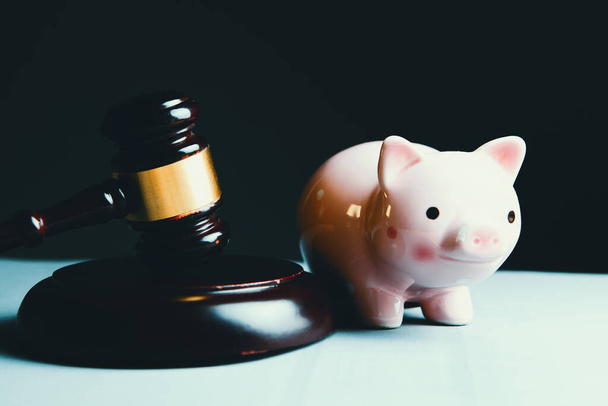 Judge gavel, piggy bank and property for business, finance, corruption, money, financial crimes - Foto, afbeelding