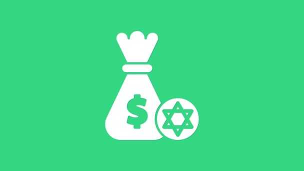 White Jewish money bag with star of david and coin icon isolated on green background. Currency symbol. 4K Video motion graphic animation - Footage, Video