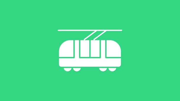 Tram blanc et icône du chemin de fer isolés sur fond vert. Symbole des transports publics. Animation graphique de mouvement vidéo 4K - Séquence, vidéo