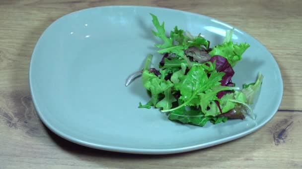 Žena dává salát na talíř. Čerstvé chutné jídlo se zelenou salátou, rukolou a smaženým kuřetem. - Záběry, video