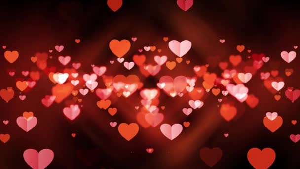 Rojo y rosa corazones voladores abstracto Día de San Valentín movimiento de fondo. bucle inconsútil 4K 3D. Tema de amor Festivo de bokeh, destellos, corazones para el día de San Valentín, Día de San Valentín, Aniversario de boda. - Imágenes, Vídeo