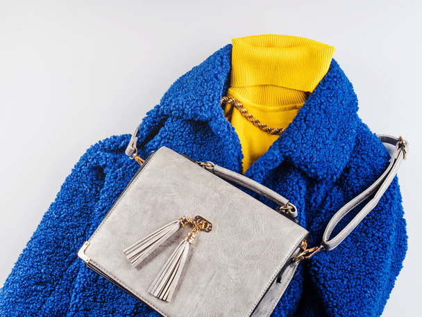 Keltainen kilpikonna kaula harmaa käsilaukku, sininen takki - Valokuva, kuva