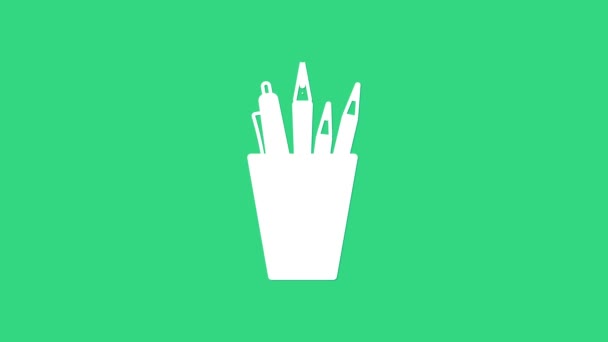 Lápiz blanco icono de papelería aislado sobre fondo verde. Lápiz, bolígrafo, regla en un vaso para oficina. Animación gráfica de vídeo 4K - Imágenes, Vídeo