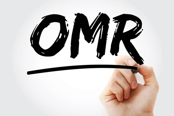 OMR - optyczny akronim rozpoznawania znaków z markerem, tło koncepcji technologii - Zdjęcie, obraz