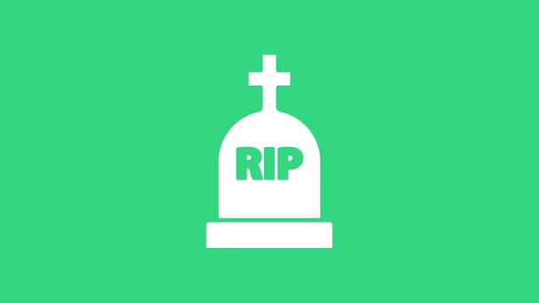 Lápida blanca con RIP escrito en él icono aislado sobre fondo verde. Icono de tumba. Animación gráfica de vídeo 4K - Metraje, vídeo