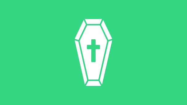Coffin blanco con icono de cruz cristiana aislado sobre fondo verde. Feliz fiesta de Halloween. Animación gráfica de vídeo 4K - Metraje, vídeo