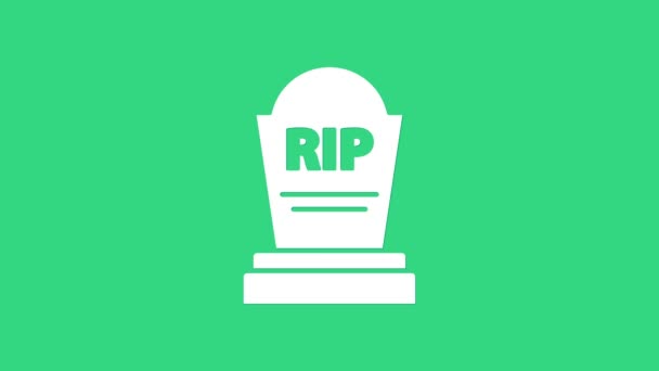 Bílý náhrobek s ikonou RIP na zeleném pozadí. Ikona hrobu. Grafická animace pohybu videa 4K - Záběry, video