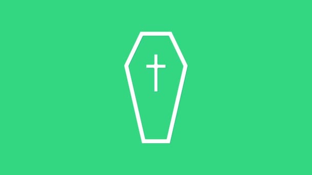 Coffin blanco con icono de cruz cristiana aislado sobre fondo verde. Feliz fiesta de Halloween. Animación gráfica de vídeo 4K - Metraje, vídeo