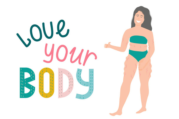 Happy girl with cellulite with lettering love your body isolated on a white background. Bodypositive, a woman with stretch marks, smiles. Vector illustration of excess weight and self-acceptance. - Vector, Image