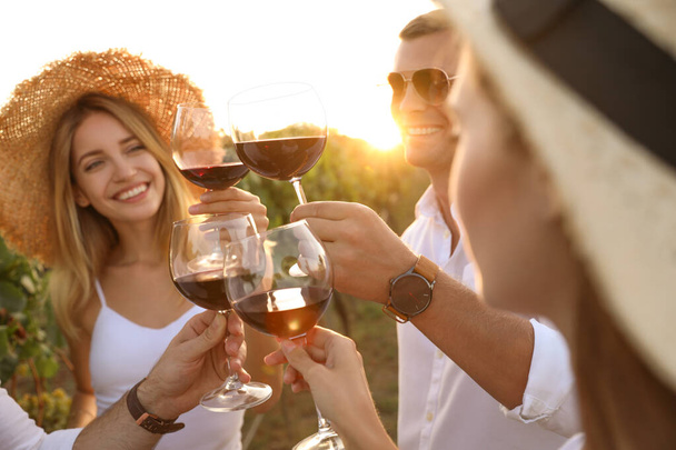 Friends clinking glasses of red wine at vineyard on sunny day, closeup - Foto, Imagem