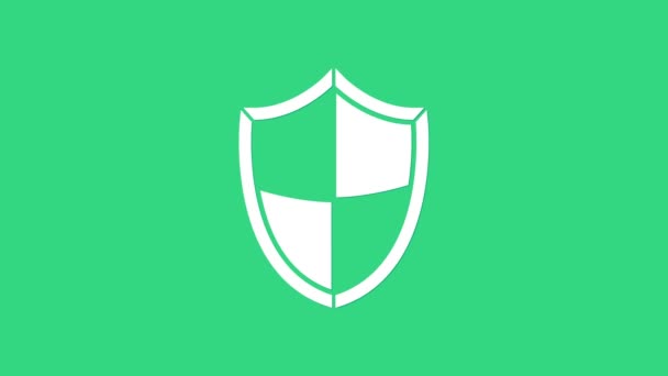 緑の背景に隔離されたホワイトシールドアイコン。警備員のサイン。セキュリティ、安全性、保護、プライバシーの概念。4Kビデオモーショングラフィックアニメーション - 映像、動画