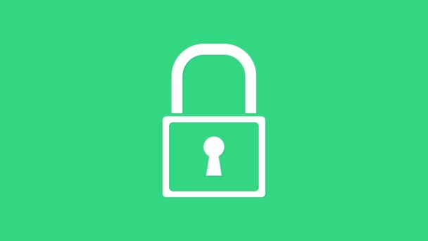 緑色の背景に隔離されたホワイトロックアイコン。南京錠のサイン。セキュリティ、安全性、保護、プライバシーの概念。4Kビデオモーショングラフィックアニメーション - 映像、動画