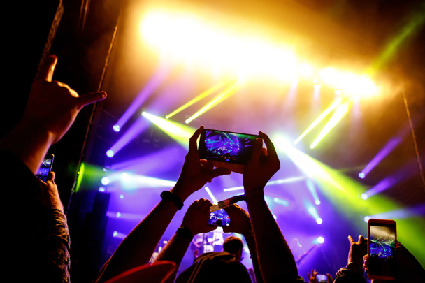 Smartphone στα χέρια του ανεμιστήρα κατά τη διάρκεια της μουσικής επίδειξης - Φωτογραφία, εικόνα