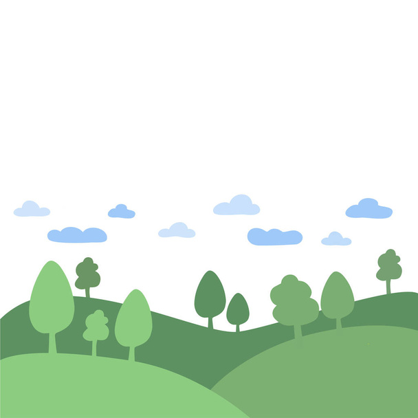Ανοιξιάτικο φόντο με πράσινο γρασίδι, δέντρα και σύννεφα. Μέρος για  - Διάνυσμα, εικόνα
