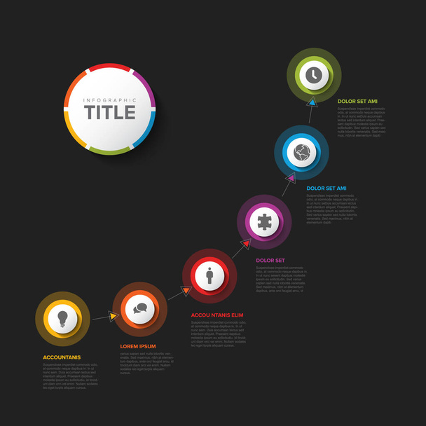 Infografische Fortschrittszeitleistenvorlage mit sechs farbigen Kreiselementen mit Symbolen und Beschreibungen - Vektor, Bild