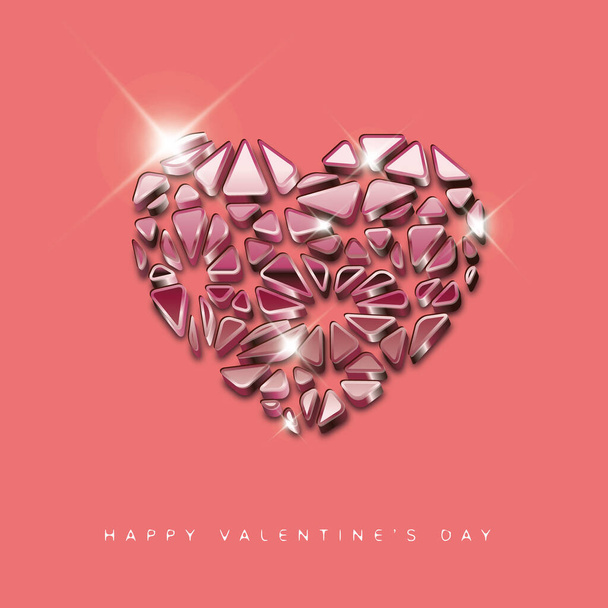 Plantilla de tarjeta de feliz día de San Valentín vidriosa metálica rosa - ilustración del concepto de corazón - Vector, imagen
