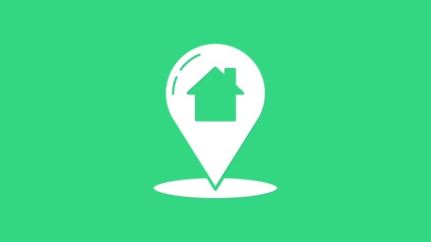 Ponteiro de mapa branco com ícone de casa isolado no fundo verde. Símbolo do marcador de localização. Animação gráfica em movimento de vídeo 4K - Filmagem, Vídeo