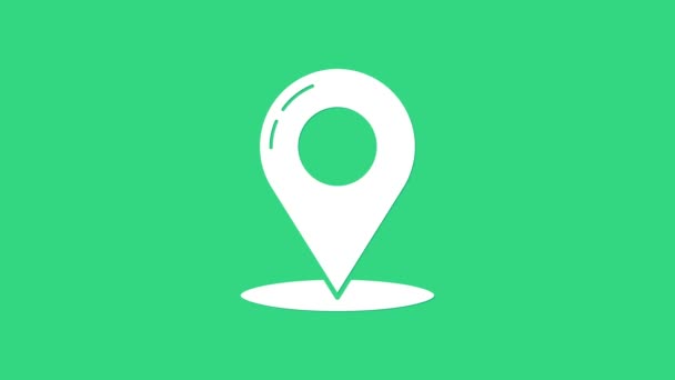 Fehér térkép pin ikon elszigetelt zöld háttérrel. Navigáció, mutató, hely, térkép, GPS, irány, hely, iránytű, kapcsolat, keresés. 4K Videó mozgás grafikus animáció - Felvétel, videó