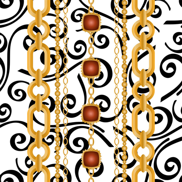 金の鎖と花で飾られたシームレスなパターン. - ベクター画像