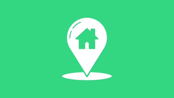Yeşil arkaplanda ev simgesi olan beyaz harita işaretçisi. Ev konumu belirleyici sembol. 4K Video hareketli grafik canlandırması - Video, Çekim