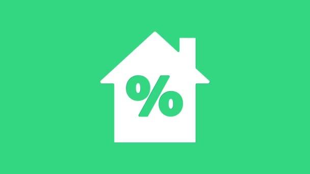 Белый дом с процентами значок скидки изолирован на зеленом фоне. Цена указана в процентах. Дом недвижимости. Видеографическая анимация 4K - Кадры, видео
