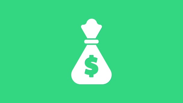 Icono de bolsa de dinero blanco aislado sobre fondo verde. Dólar o símbolo USD. Signo de moneda bancaria en efectivo. Animación gráfica de vídeo 4K - Imágenes, Vídeo