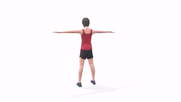   Twist Down Mujer ejercicio de animación modelo 3d sobre un fondo blanco en la camiseta roja. Vista de cámara baja Poly StyleTurntable. - Imágenes, Vídeo