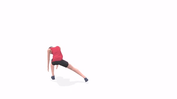 Шаг SIde Женщина упражнения анимации 3D модель на белом фоне в красной футболке. Низкопольный стиль. - Кадры, видео