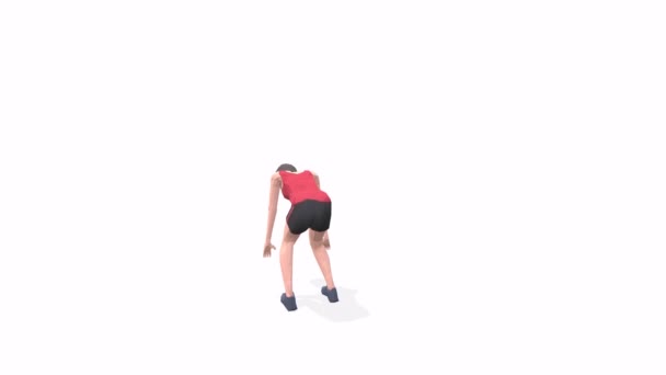 burpees Žena cvičení animace 3D model na bílém pozadí v červeném tričku. Pohled kamery Low Poly StyleOtočný. - Záběry, video