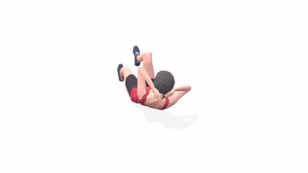 Rower Crunch Woman ćwiczy animację 3D na białym tle w czerwonym t-shircie. Low Poly StyleWidok kamery gramofonowej. - Materiał filmowy, wideo