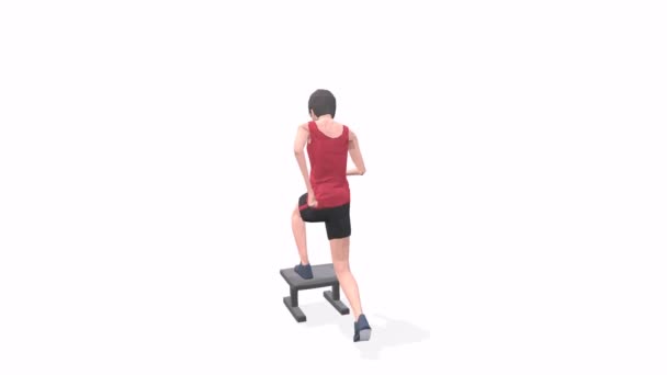 Stoel Stepup Woman oefening animatie 3d model op een witte achtergrond in het rode t-shirt. Low Poly StyleTurntable cameraweergave. - Video