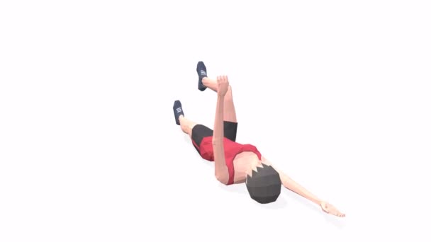 DeadBug Žena cvičení animace 3D model na bílém pozadí v červeném tričku. Pohled kamery Low Poly StyleOtočný. - Záběry, video