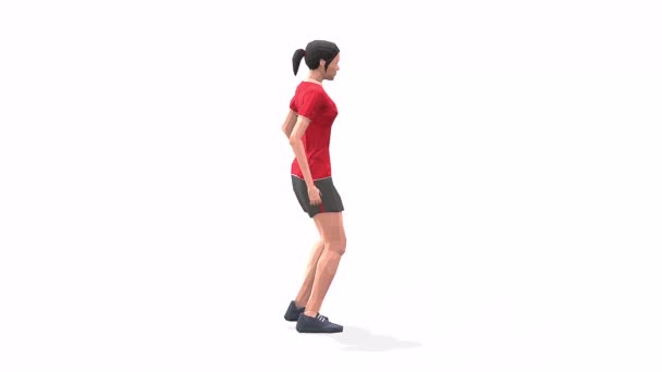  отдых Женщина упражнения анимации 3D модель на белом фоне в красной футболке. Низкопольный стиль. - Кадры, видео