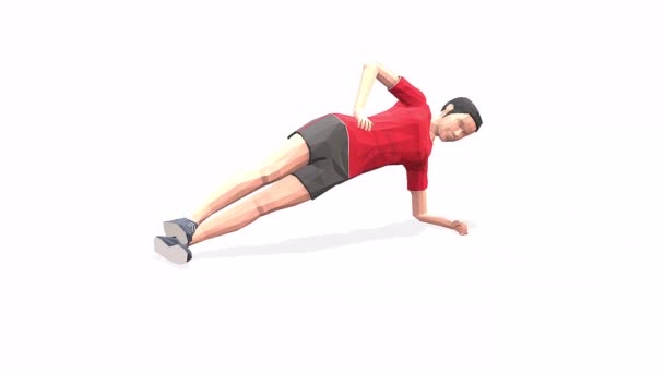  Side Plank Up & DownWoman άσκηση animation 3d μοντέλο σε λευκό φόντο στο κόκκινο t-shirt. Χαμηλή πολυ άποψη φωτογραφικών μηχανών StyleTurntable. - Πλάνα, βίντεο