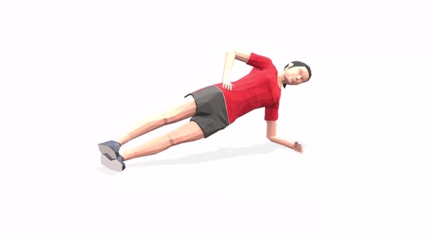 Side Plank With Leg Raise Žena cvičení animace 3D model na bílém pozadí v červeném tričku. Pohled kamery Low Poly StyleOtočný. - Záběry, video